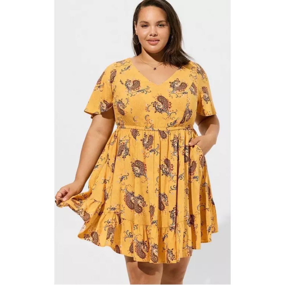 Torrid Mustard Yellow Paisley Lace Up Back Mini Dress Plus Size 1X Boho Pocket